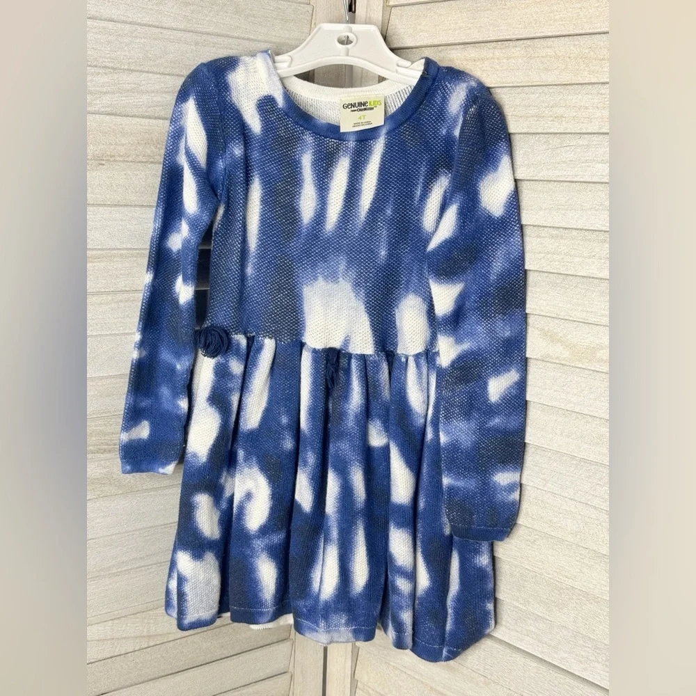 OshKosh B’gosh Girls Blue White Tie Dye Tassel Dress Size 4T Long Sleeve Boho